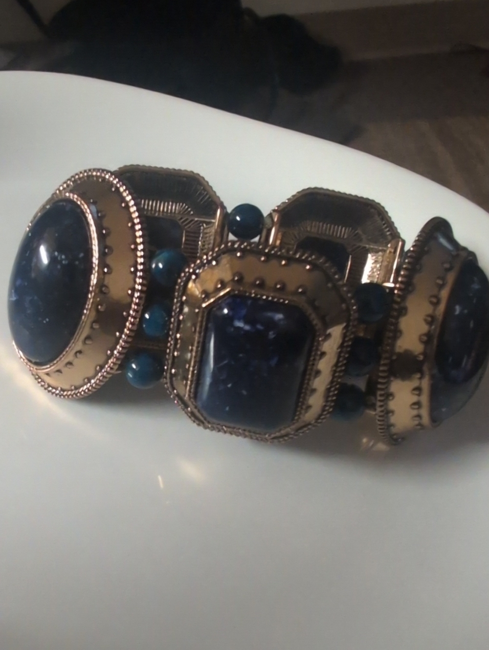 Source Unknown Gold-Tone Bracelet with Dark Blue Stones